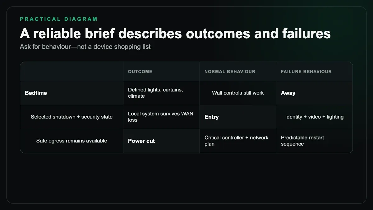 Briefing matrix describing normal and failure behaviour for bedtime, away, entry, and power-cut routines