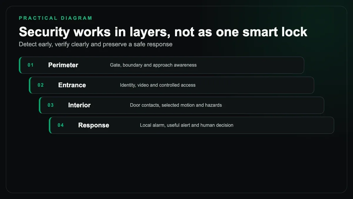 Layered security model covering perimeter, entrance, interior detection, and response