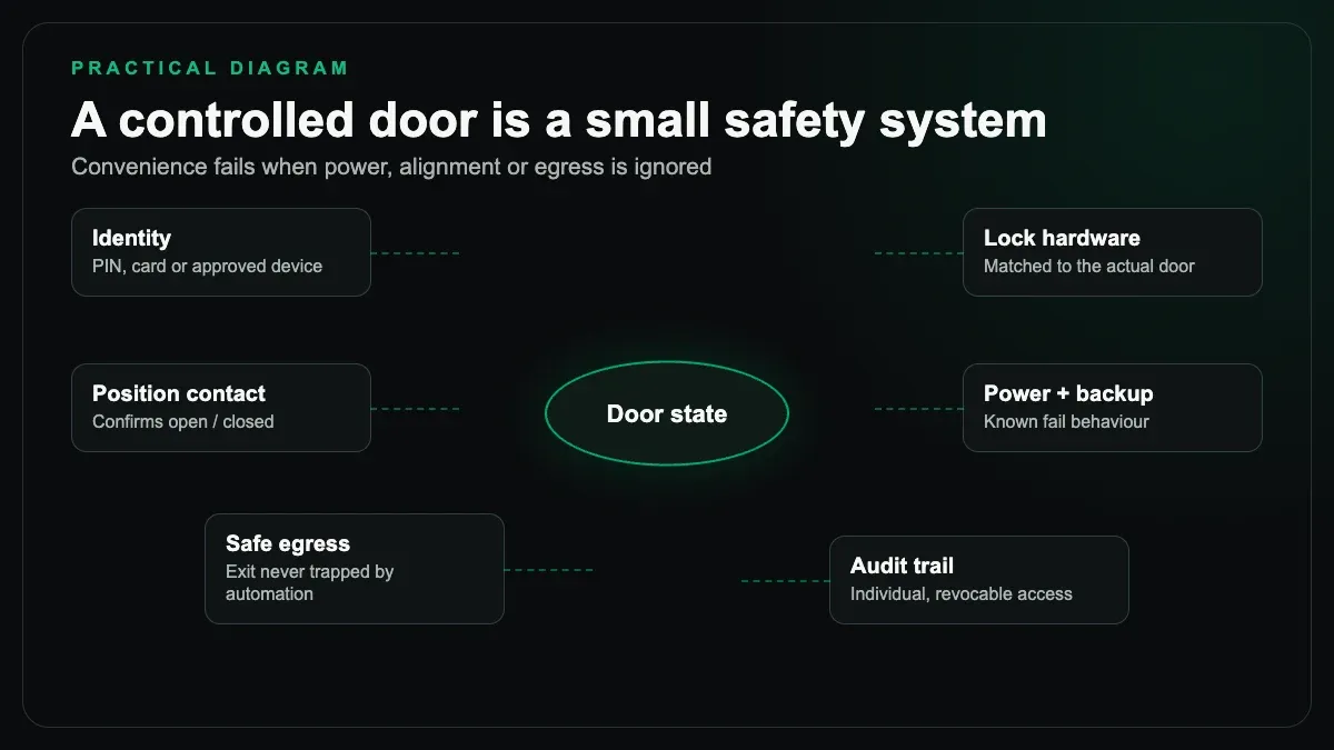 Door safety topology covering identity, lock hardware, position contact, backup power, egress, and audit trail