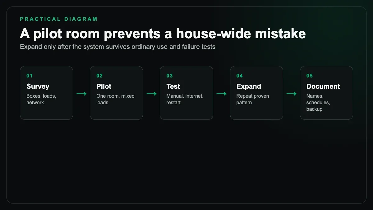 Retrofit sequence from survey and pilot room through failure tests, expansion, and documentation