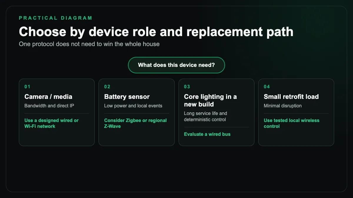 Decision guide matching cameras, sensors, core lighting, and small retrofit loads to network approaches